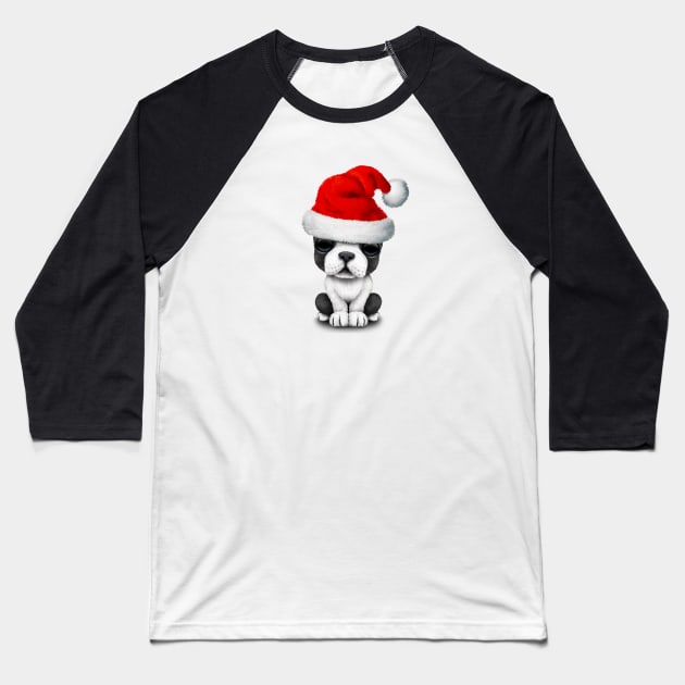 French Bulldog Puppy Dog Wearing a Santa Hat Baseball T-Shirt by jeffbartels